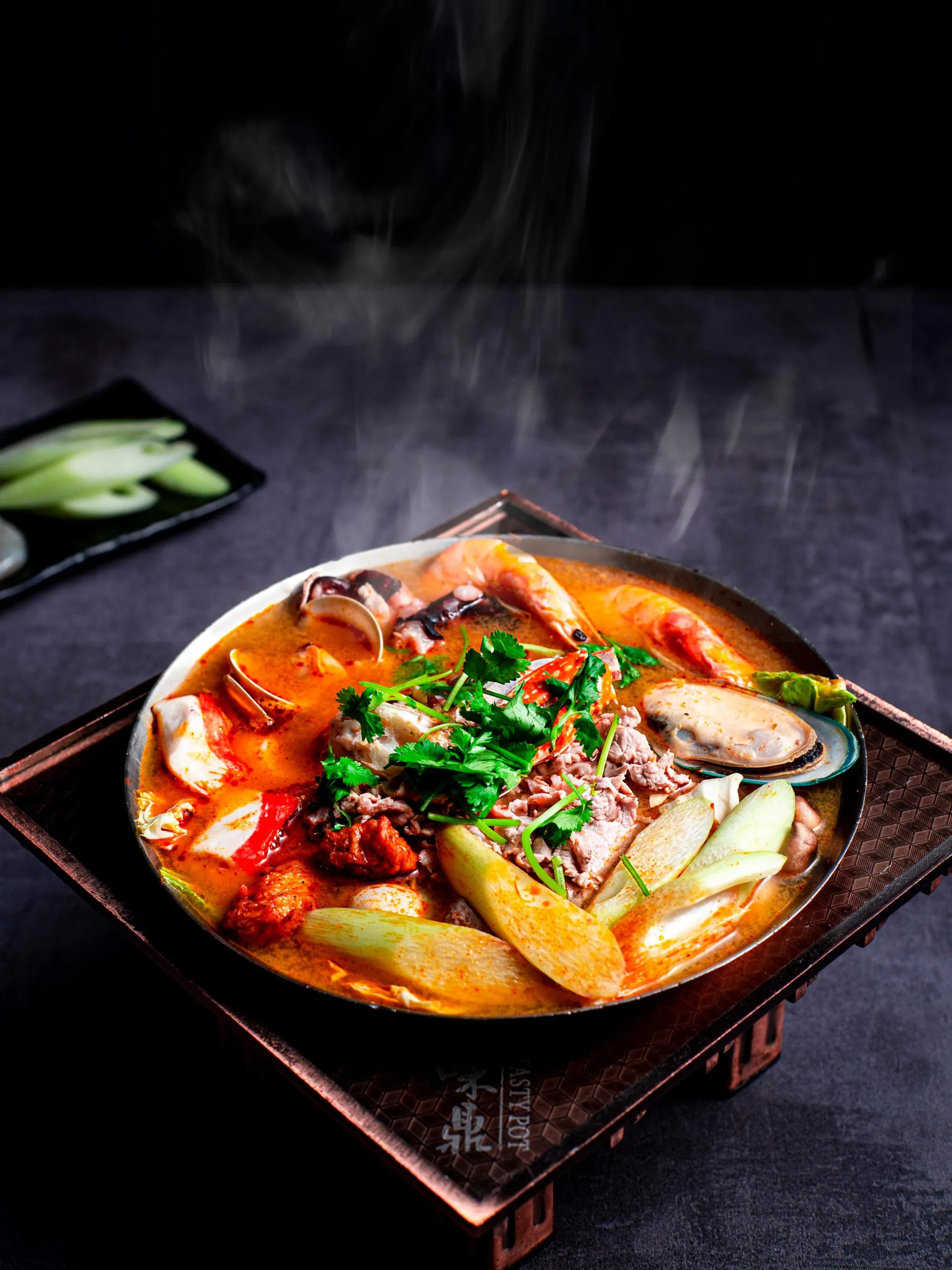 Spicy seafood hot pot with shrimp, mussels and beef at Tasty Pot, a Taiwanese Restaurant in Redding