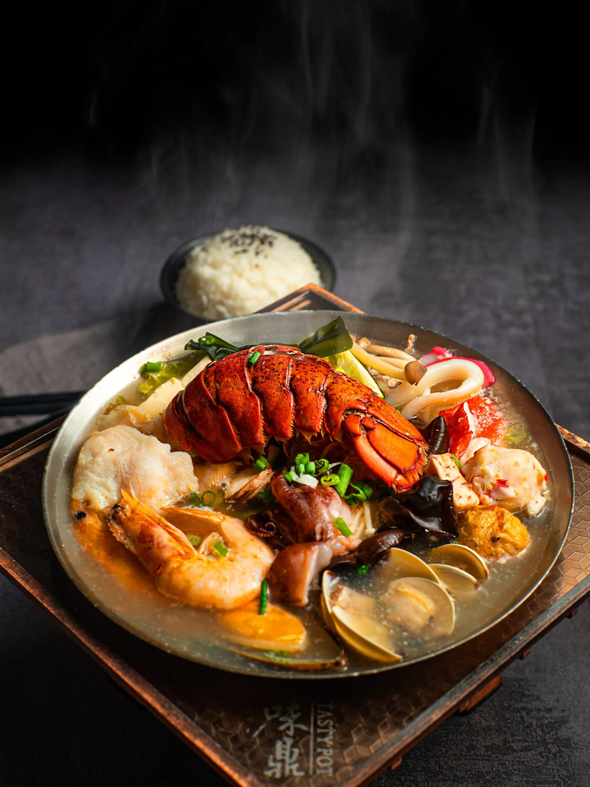 Premium seafood hot pot with lobster, shrimp and squid at Tasty Pot, a Taiwanese Restaurant in Redding
